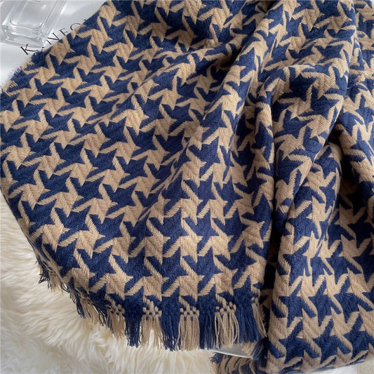 Navy Beige Houndstooth Scarf