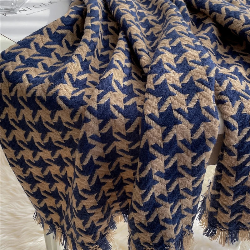 Navy Beige Houndstooth Scarf