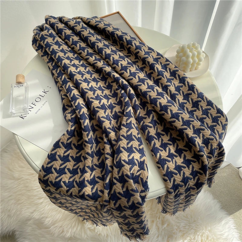 Navy Beige Houndstooth Scarf