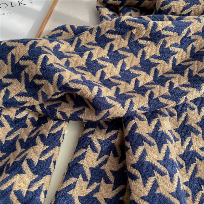 Navy Beige Houndstooth Scarf