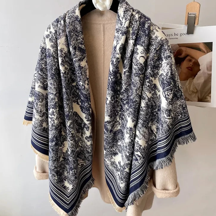 Navy White Toile de Jouy Shawl