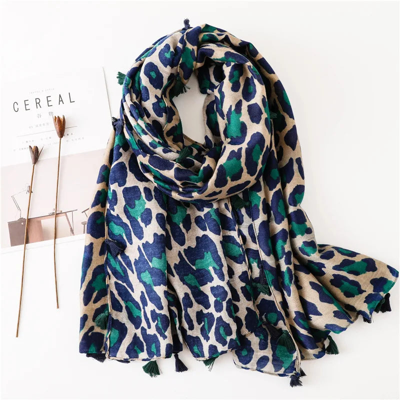 Leopard Navy, Beige and Green Scarf