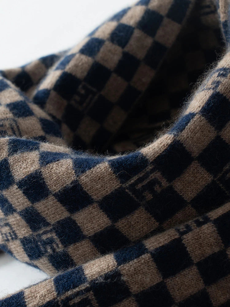 Checked Navy Cashmere Scarf
