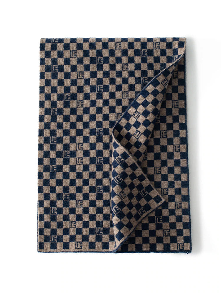 Checked Navy Cashmere Scarf