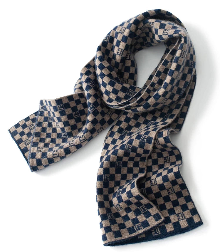 Checked Navy Cashmere Scarf