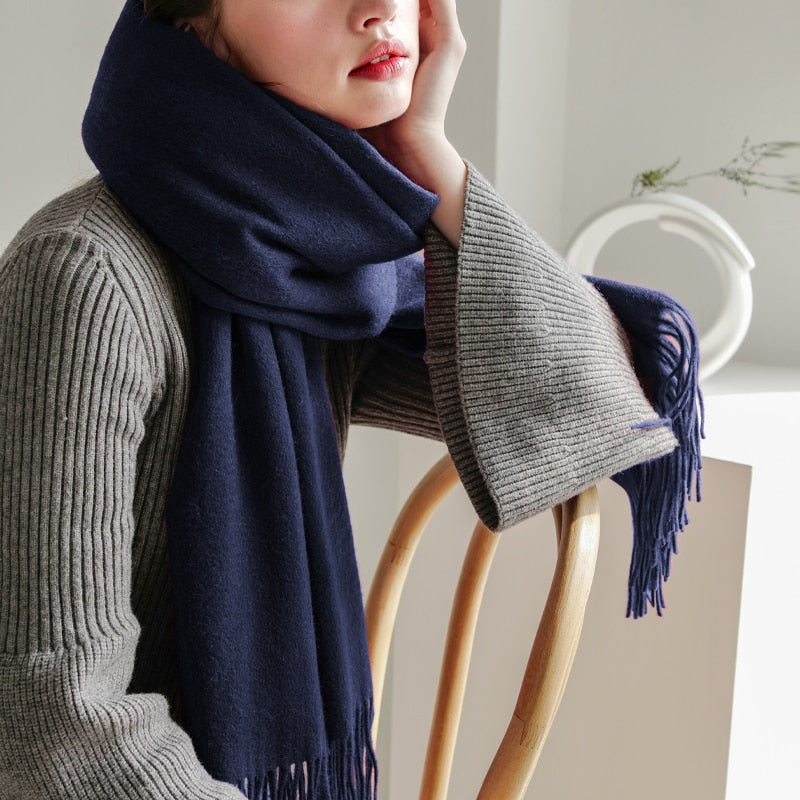 Woolen Navy Pashmina Scarf with Tassels