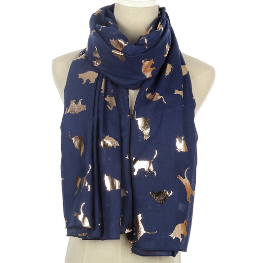 Navy and Gold Scarf with Cat Print