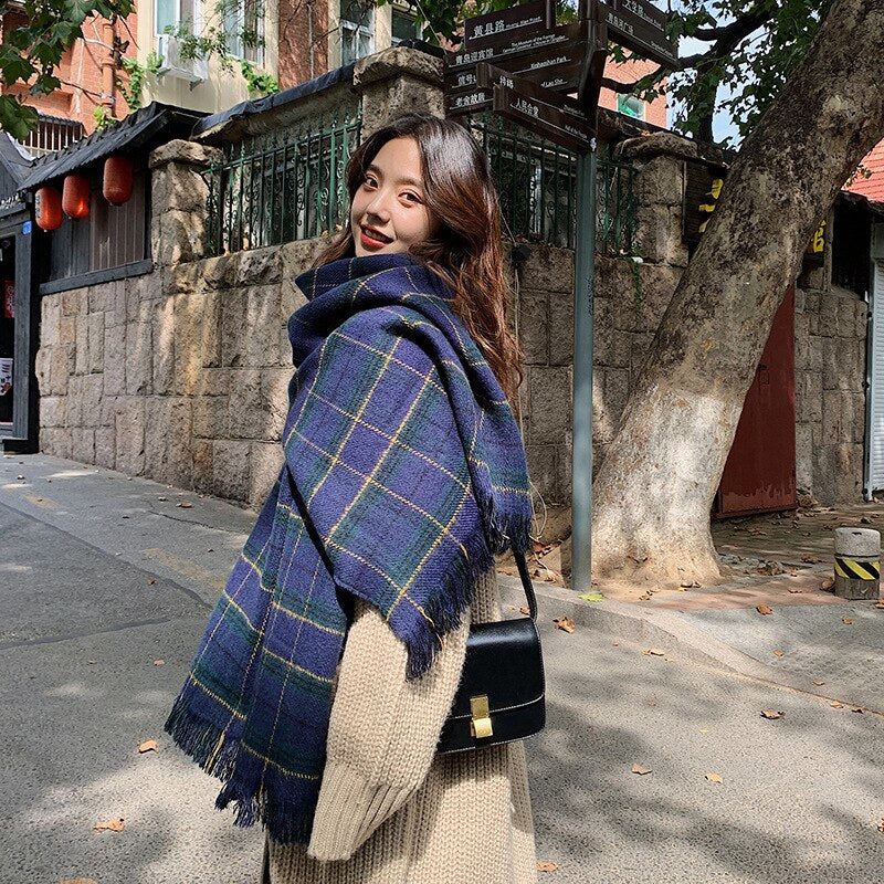 Navy & Yellow Check Blanket Scarf