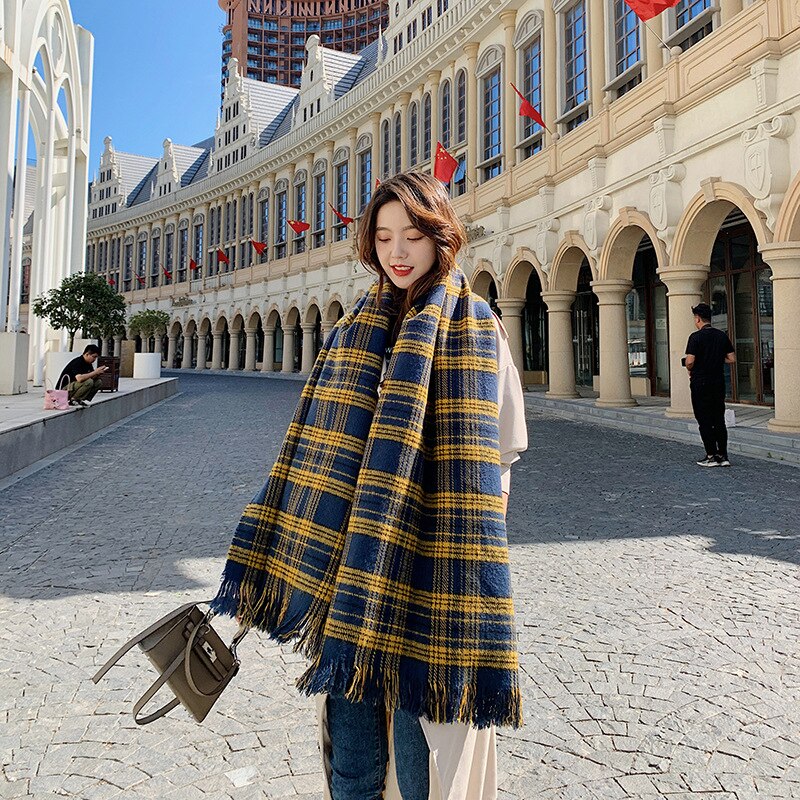 Navy & Yellow Plaid Blanket Scarf