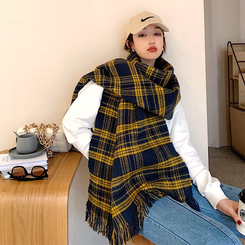 Navy & Yellow Plaid Blanket Scarf