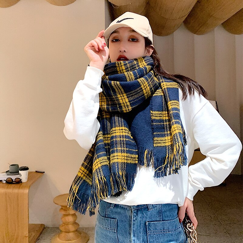 Navy & Yellow Plaid Blanket Scarf