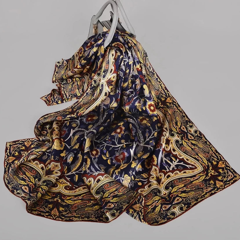 Navy Gold Mulberry Silk Scarf