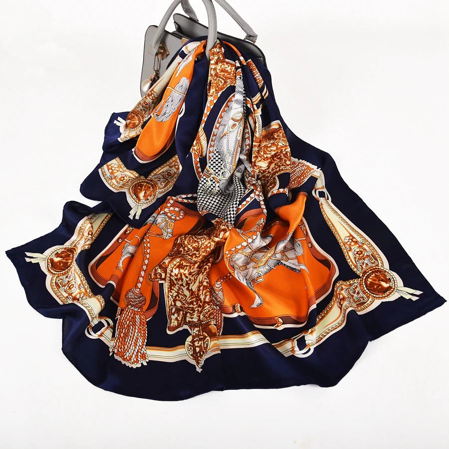 Navy Orange Real Silk Scarf