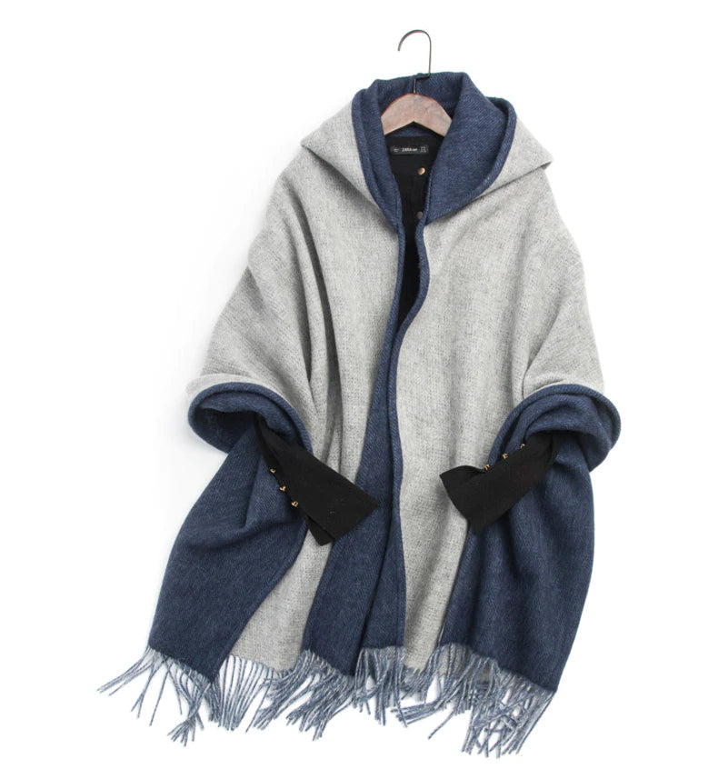 Navy Grey Reversible Scarf with Hood
