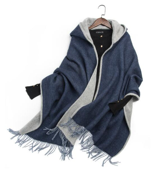 Navy Grey Reversible Scarf with Hood