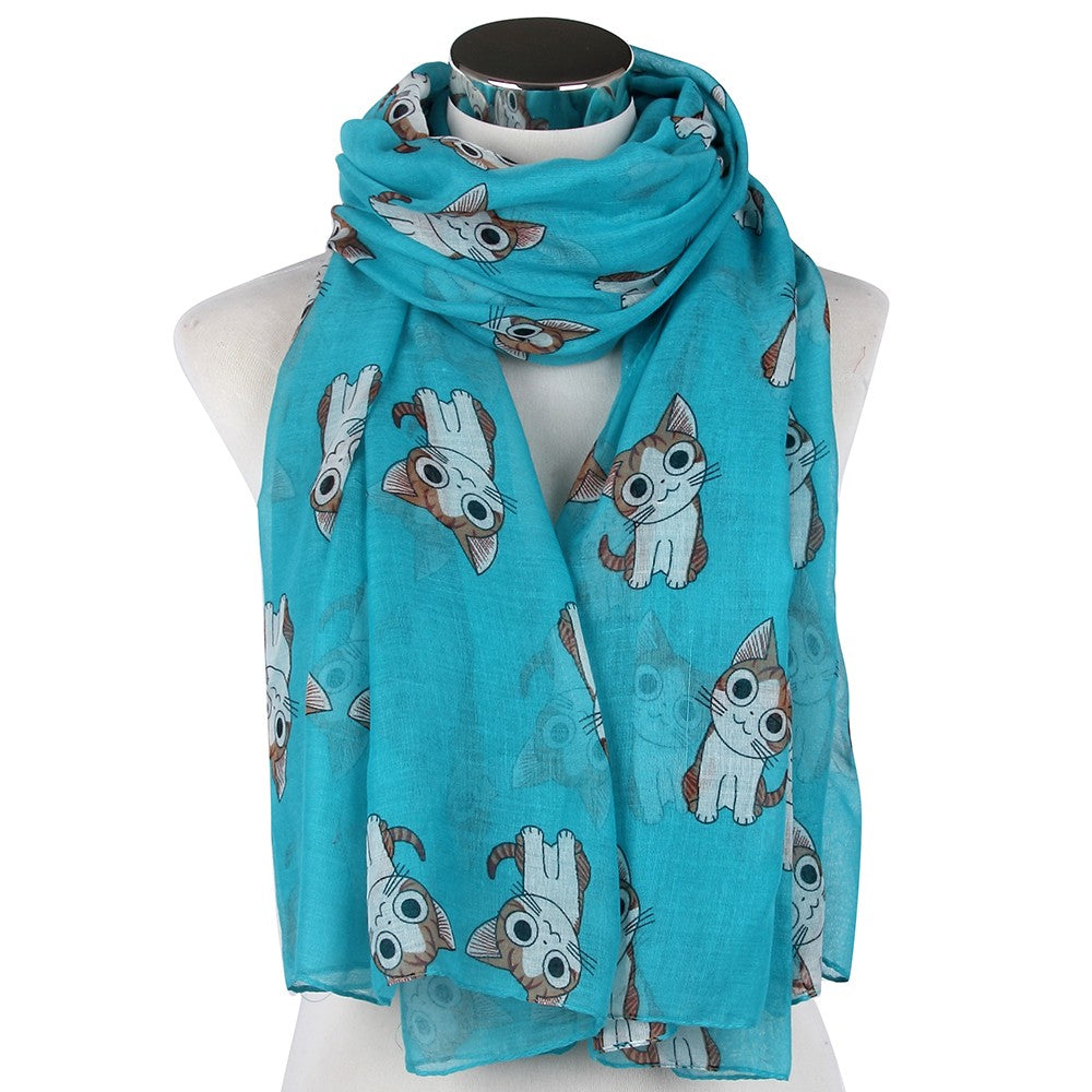 Lightweight Navy Scarf with Cat Print
