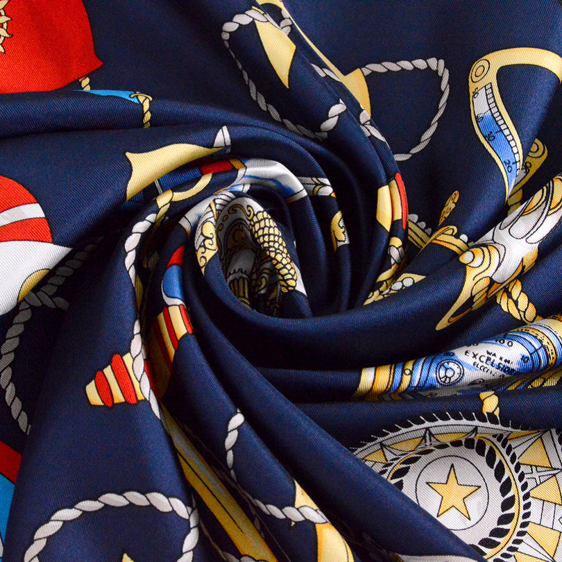 Navy Silk Scarf with Nautical Accents