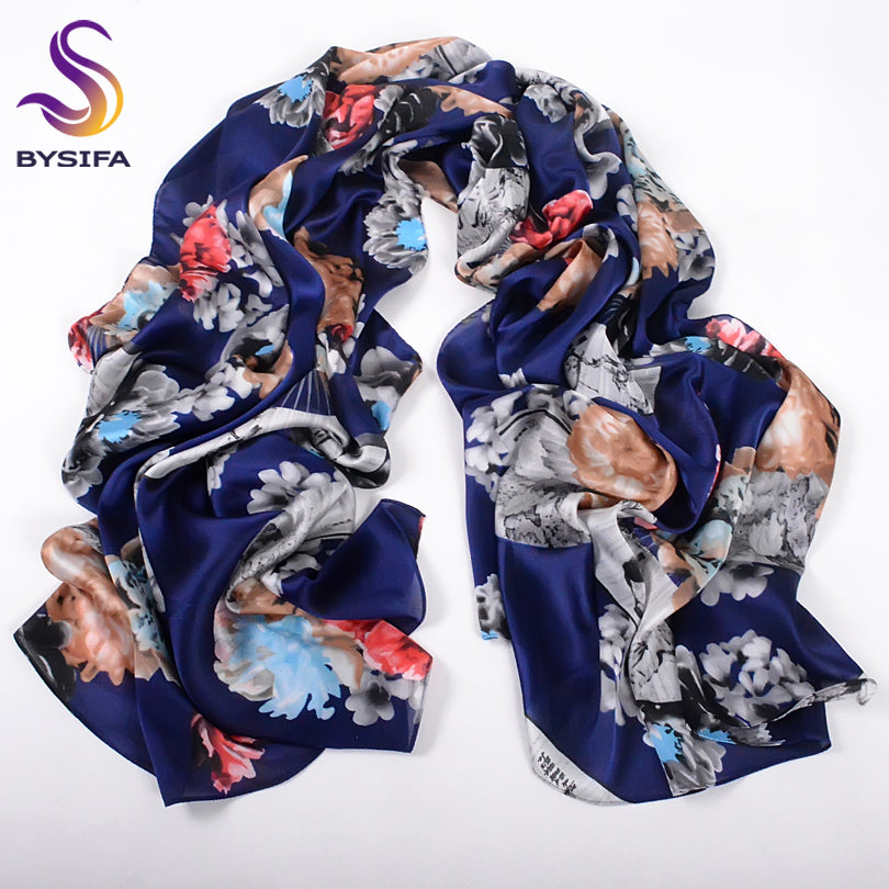 Silk navy shawl with floral print