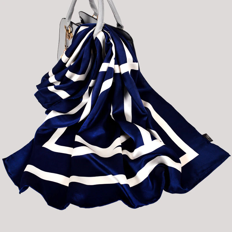 Navy & White Striped Silk Scarf