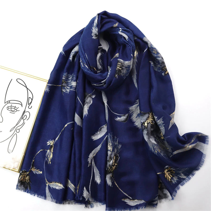Navy and Gold Scarf with Botanical Print