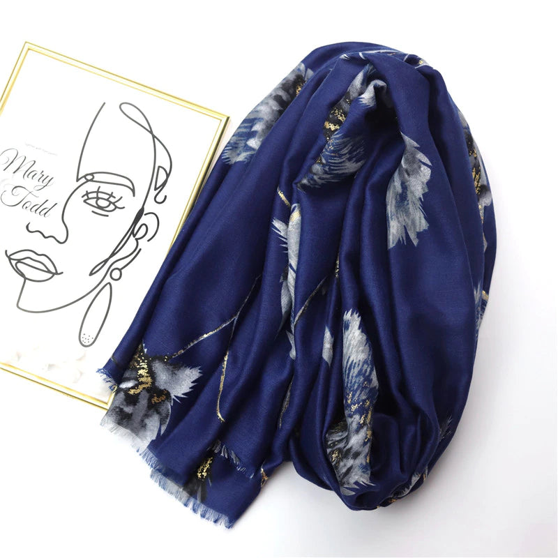 Navy and Gold Scarf with Botanical Print