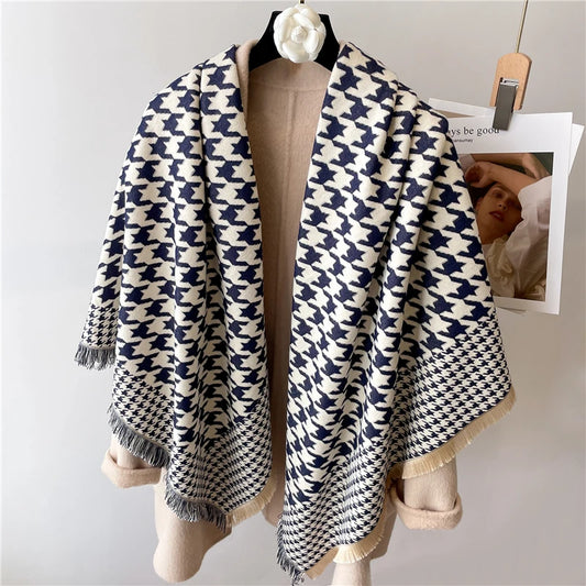 White & Navy Houndstooth Shawl