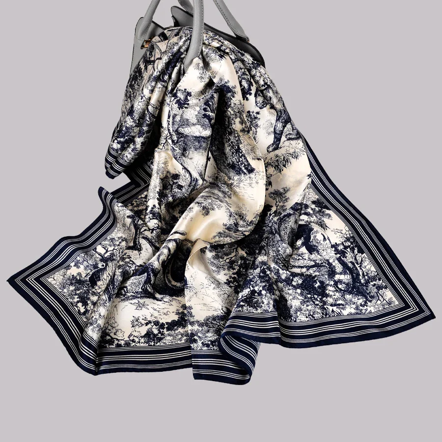 Navy Blue and White Real Silk Scarf