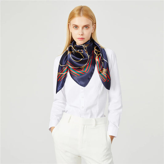 Navy Square Scarf with Print