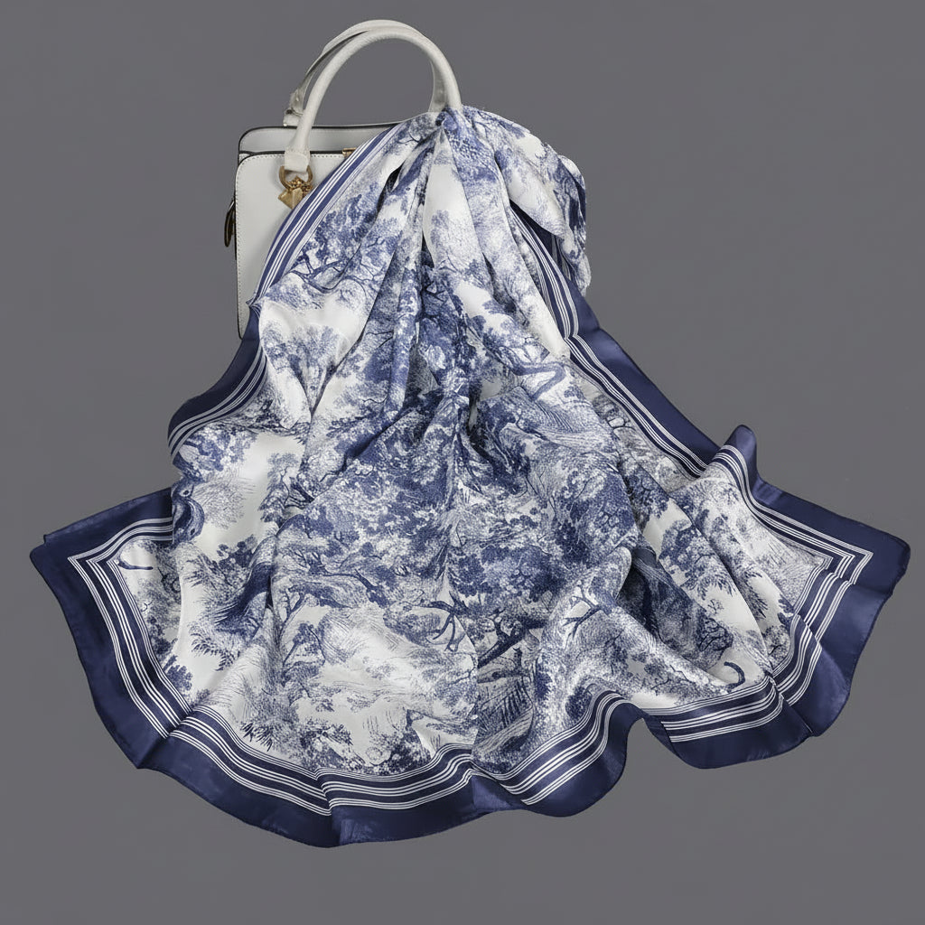 Navy Blue and White Real Silk Scarf