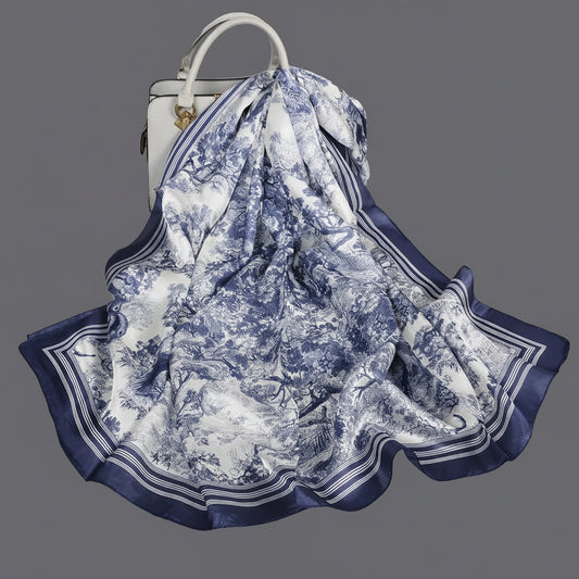 Navy Blue and White Real Silk Scarf