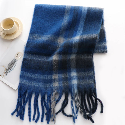 Fluffy Checked Navy Scarf