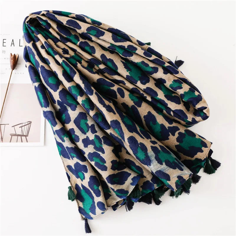 Leopard Navy, Beige and Green Scarf