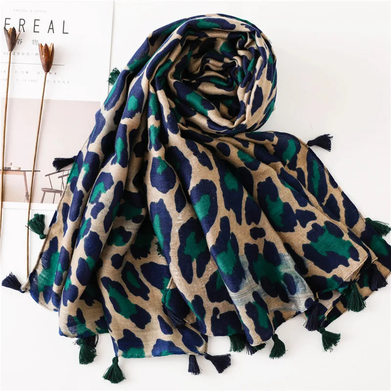 Leopard Navy, Beige and Green Scarf