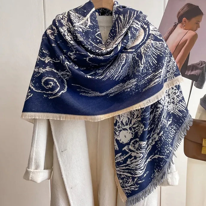 Navy White Floral Shawl