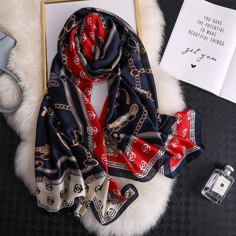 Printed Chains Scarf in Navy and Red