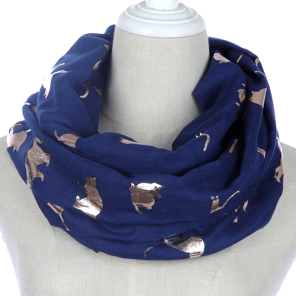 Navy and Gold Scarf with Cat Print