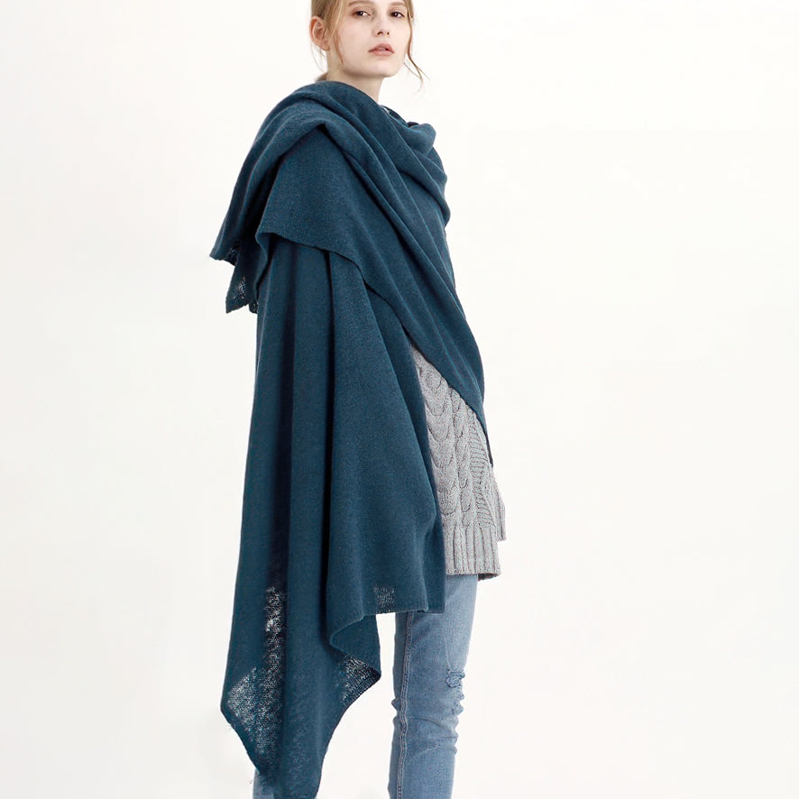 Oversized Knitted Teal / Navy Wool Scarf