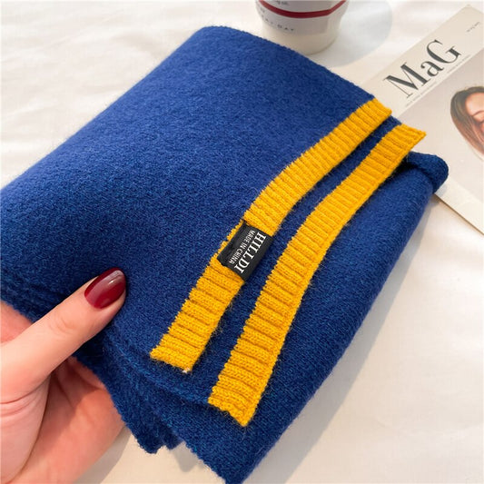Knitted Navy Scarf with Yellow Trim