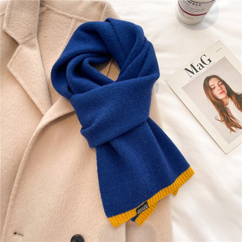 Knitted Navy Scarf with Yellow Trim
