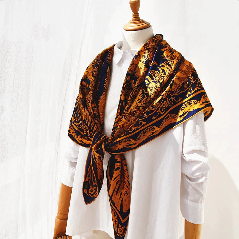 Pure Silk Orange Gold and Navy Scarf