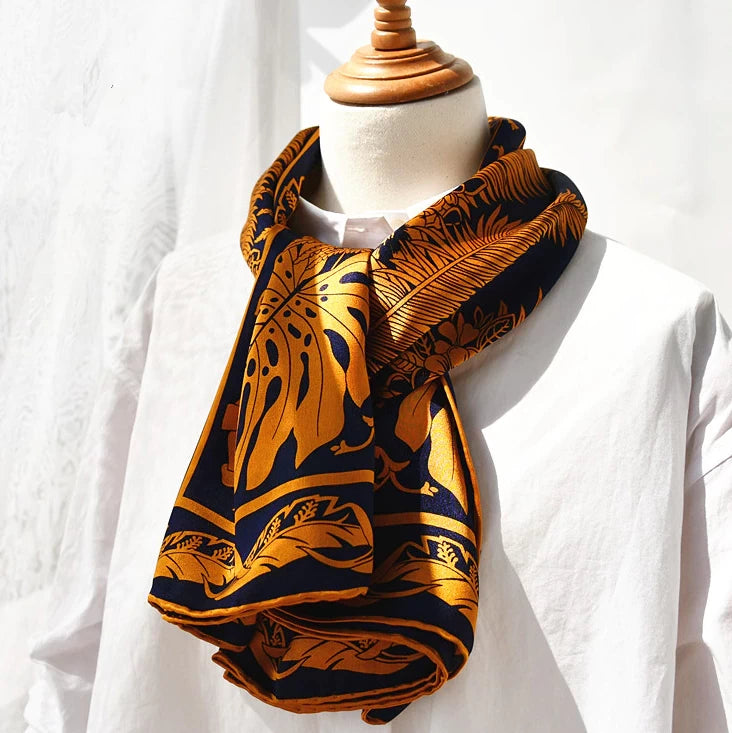 Pure Silk Orange Gold and Navy Scarf