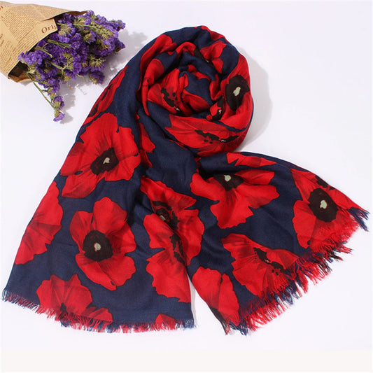 Navy & Red Poppy Print Scarf