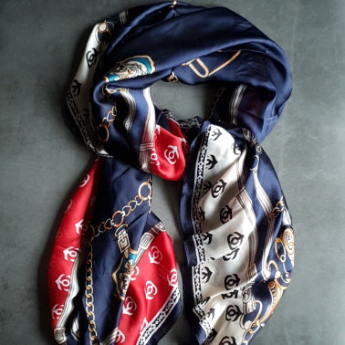Printed Chains Scarf in Navy and Red