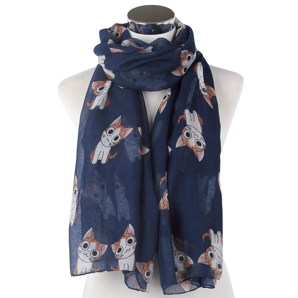 Lightweight Navy Scarf with Cat Print
