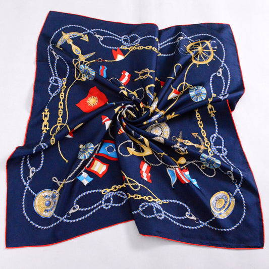 Navy Silk Scarf with Nautical Accents