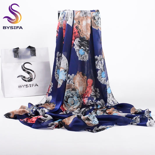 Silk Navy Shawl with Floral Print