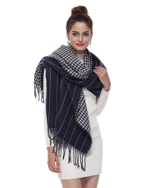 Navy reversible scarf: houndstooth and stripes