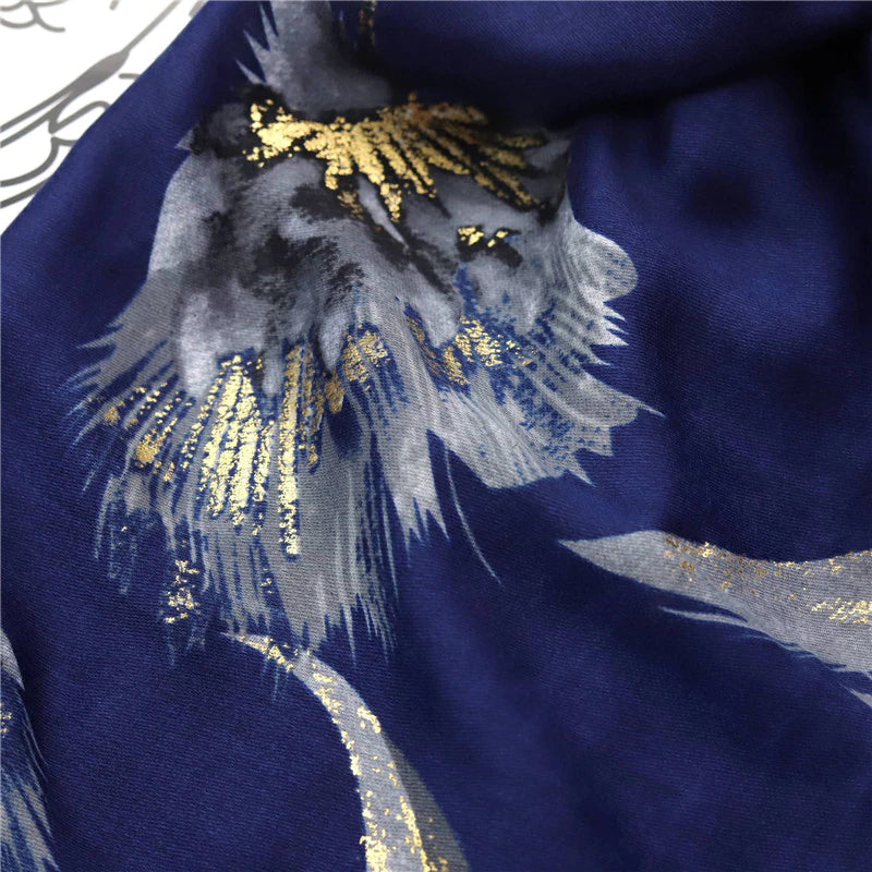 Navy and Gold Scarf with Botanical Print